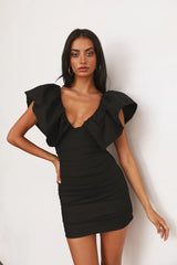 Black deep V-neck puff-sleeved fitted mini dress