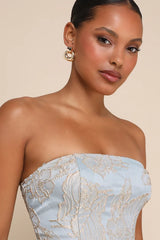 Slate blue and gold jacquard strapless mini dress
