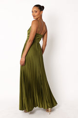 Palm Green Satin Pleat Maxi Dress with Adjustable Straps