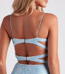 Sequined, thin-strapped, backless mini dress