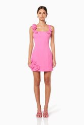 Pink 3D floral square-neck mini dress