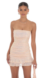 Pleated sequined peach pink skirt, a sweet yet edgy short skirt
