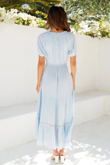 Cloud-like blue midi dress, a versatile and stylish dress for everyday wear.