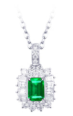 18K White Gold Emerald Diamond Pendant Necklace