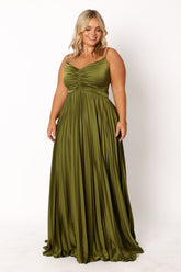 Palm Green Satin Pleat Maxi Dress with Adjustable Straps