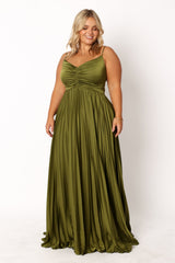 Palm Green Satin Pleat Maxi Dress with Adjustable Straps