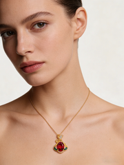 18K Yellow Gold Garnet Zircon Enamel Pendant Necklace