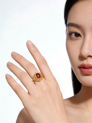 "Plum Bossom" Collection 18K Yellow Gold Garnet Peony Women's Ring