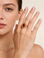 "Plum Bossom" Collection 18K Yellow Gold Garnet Peony Women's Ring
