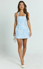 Jacquard Halter Fit And Flare Dress in Blue