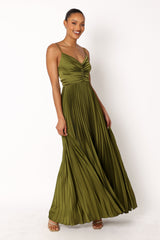 Palm Green Satin Pleat Maxi Dress with Adjustable Straps
