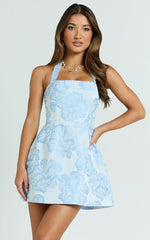 Jacquard Halter Fit And Flare Dress in Blue