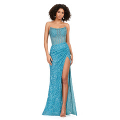 Aqua Sequin Strapless Slit Gown (Red Carpet Statement Piece)