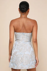 Slate blue and gold jacquard strapless mini dress