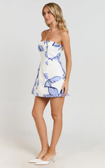 Blue floral strapless A-line mini dress