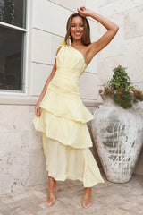 Sunlit Charm One-Shoulder Midi Dress (Warm Yellow)