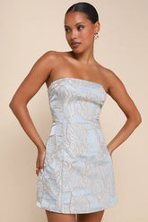 Slate blue and gold jacquard strapless mini dress