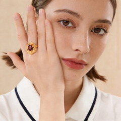 18K Yellow Gold Garnet Zircon Ring "Attracting Wealth and Good Fortune"