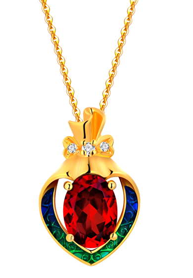 18K Yellow Gold Garnet Zircon Enamel Pendant Necklace