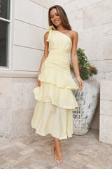 Sunlit Charm One-Shoulder Midi Dress (Warm Yellow)