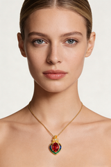 18K Yellow Gold Garnet Zircon Enamel Pendant Necklace