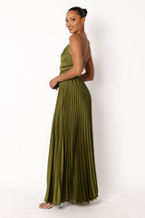 Palm Green Satin Pleat Maxi Dress with Adjustable Straps