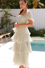 Mesh-paneled cotton-feel long evening dress