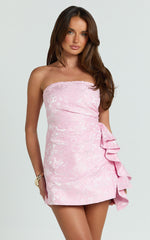 Laila Mini Dress - Jacquard Strapless Fit And Flare Dress in Pink