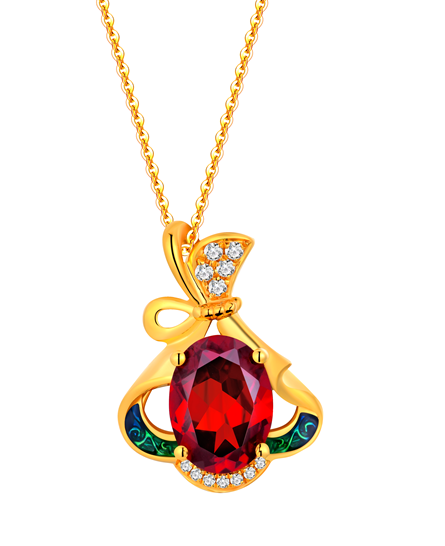 18K Yellow Gold Garnet Zircon Enamel Pendant Necklace