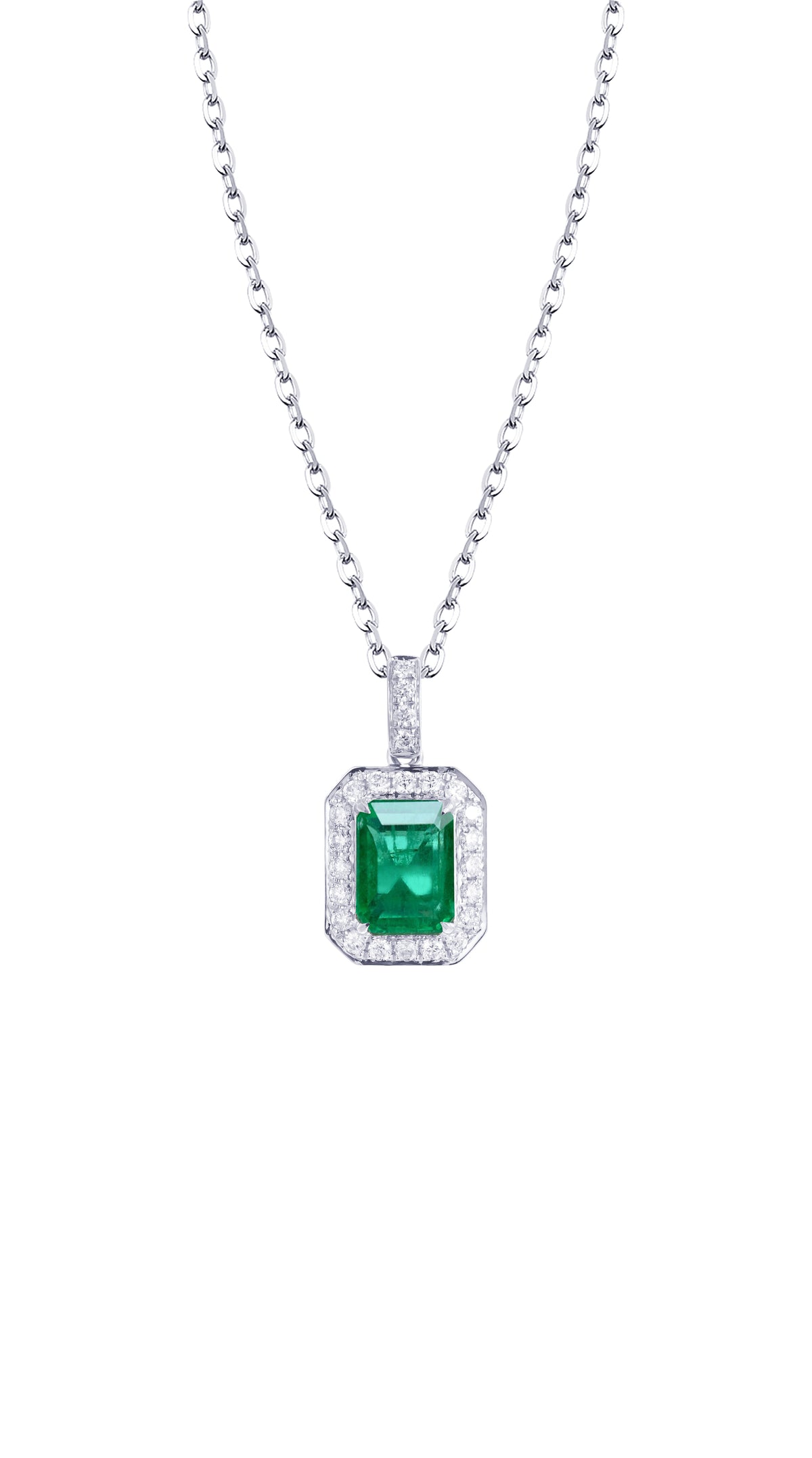 18K White Gold Emerald Diamond Pendant Necklace
