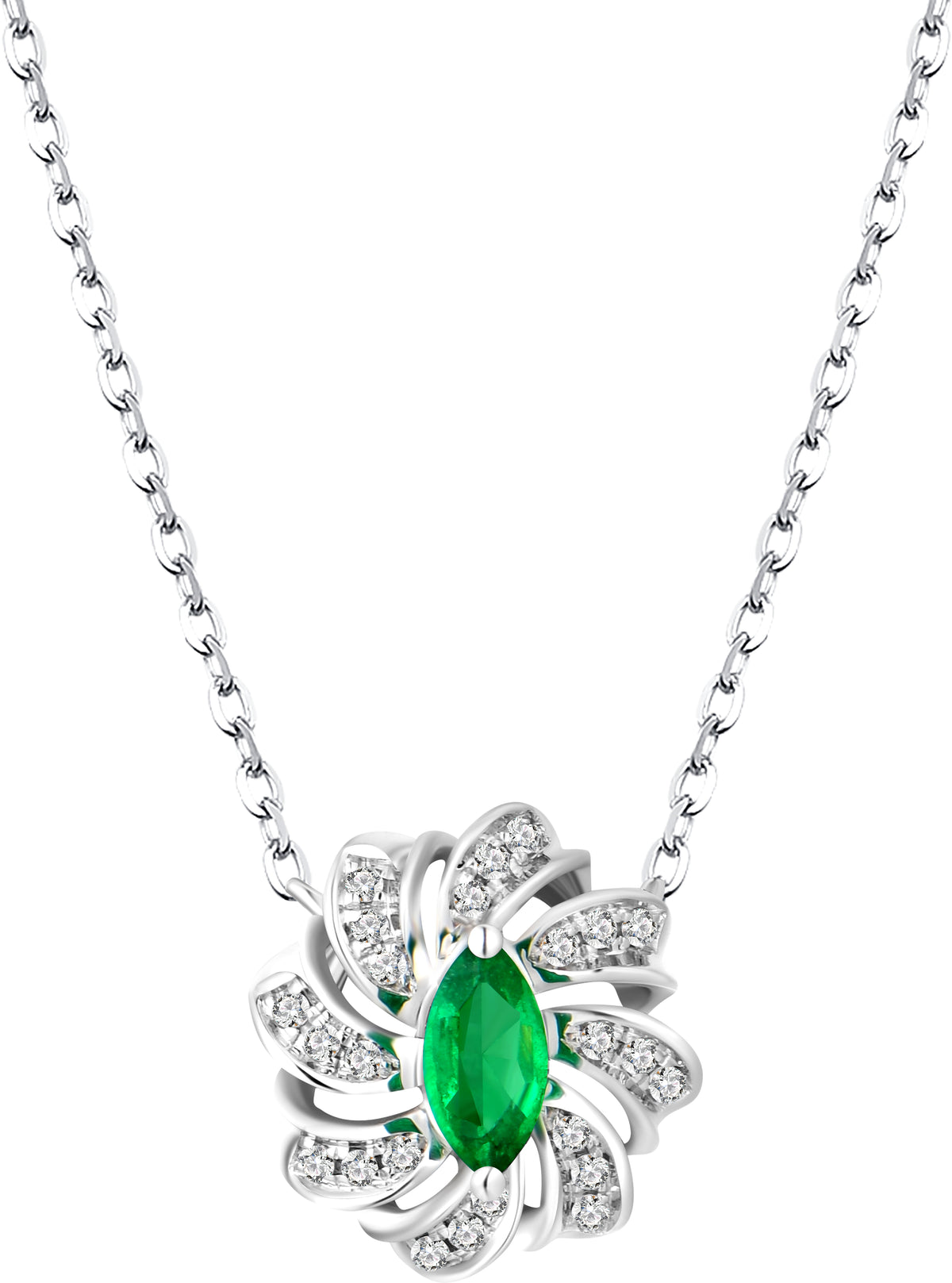 18K White Gold Emerald Diamond Pendant Necklace