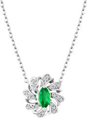 18K White Gold Emerald Diamond Pendant Necklace