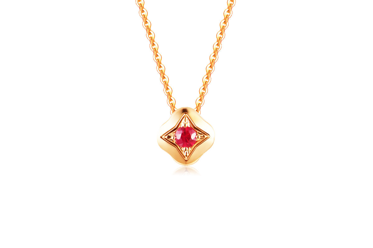 Ruby-embellished 18K rose gold necklace set, a symbol of enduring love.
