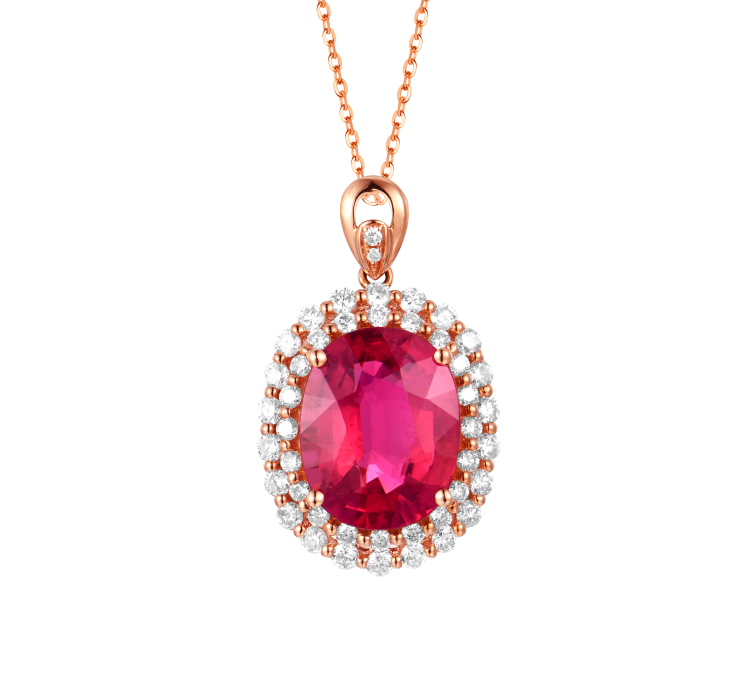18K Rose Gold Red Tourmaline Diamond Pendant Necklace