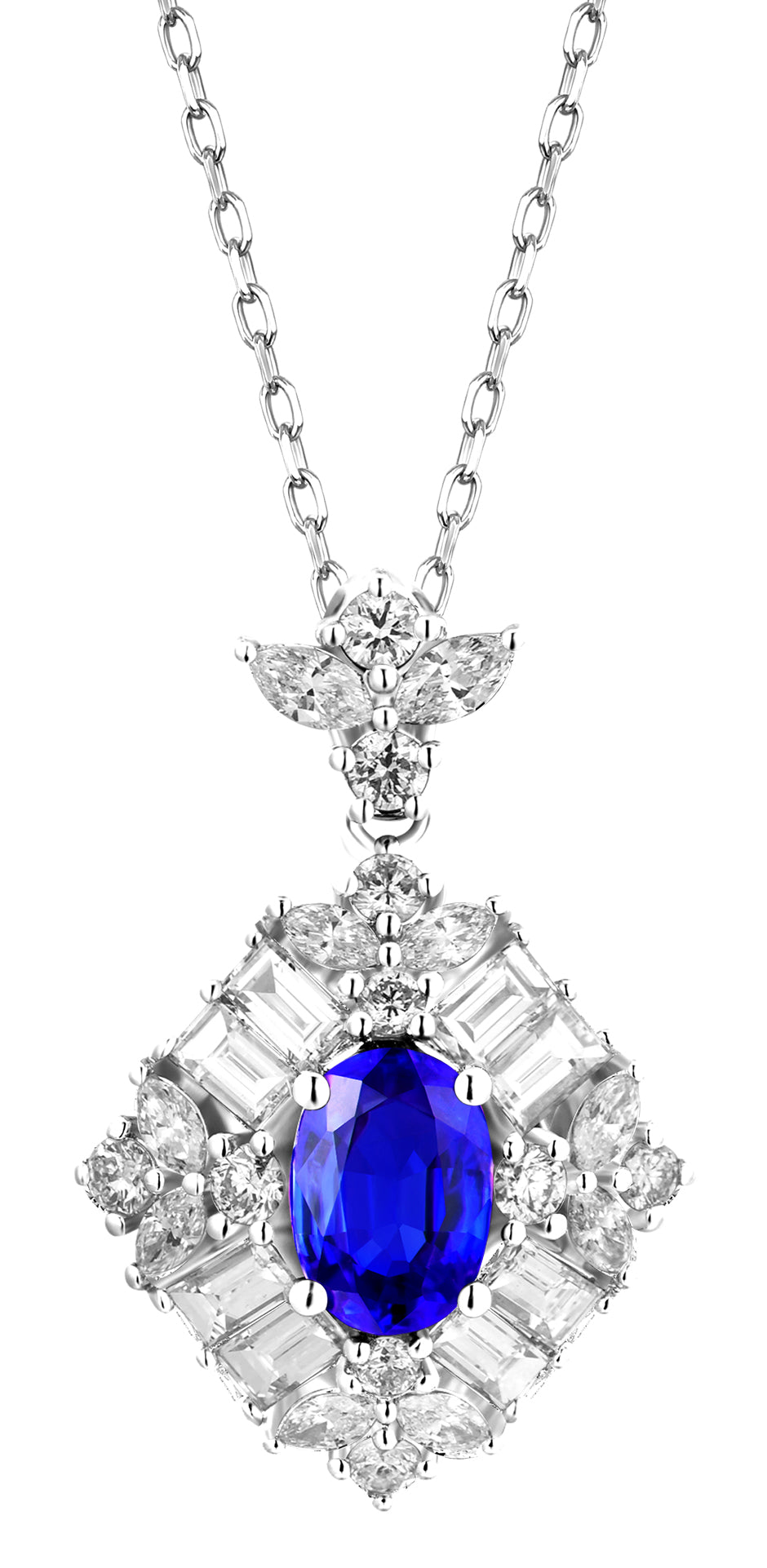 18K White Gold Sapphire Diamond Pendant Necklace