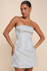 Slate blue and gold jacquard strapless mini dress