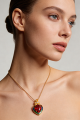 18K Yellow Gold Garnet Zircon Enamel Pendant Necklace