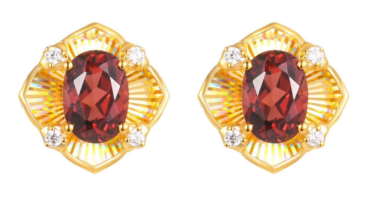 18K Yellow Gold Garnet Zircon Earrings
